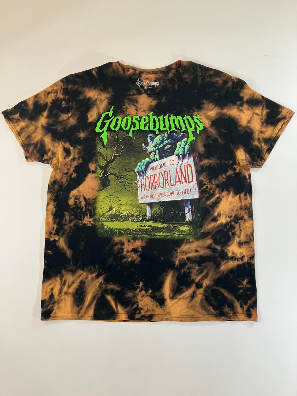 Goosebumps HorrorLand T Shirt XL Black Orange Bleach Dye R.L. Stine Horror Tee